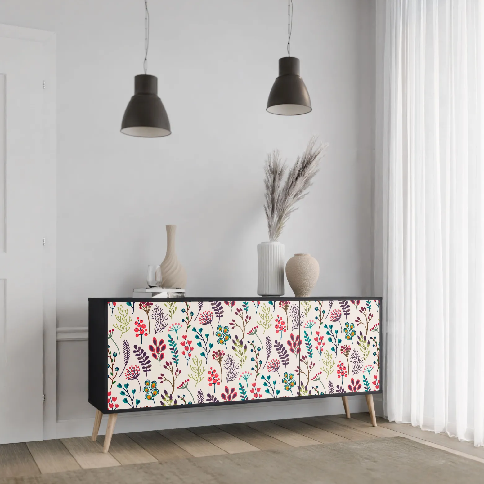 AUTUMN SUNDRIES Komoda 3 drzwi Czarna-Bukowa skośna