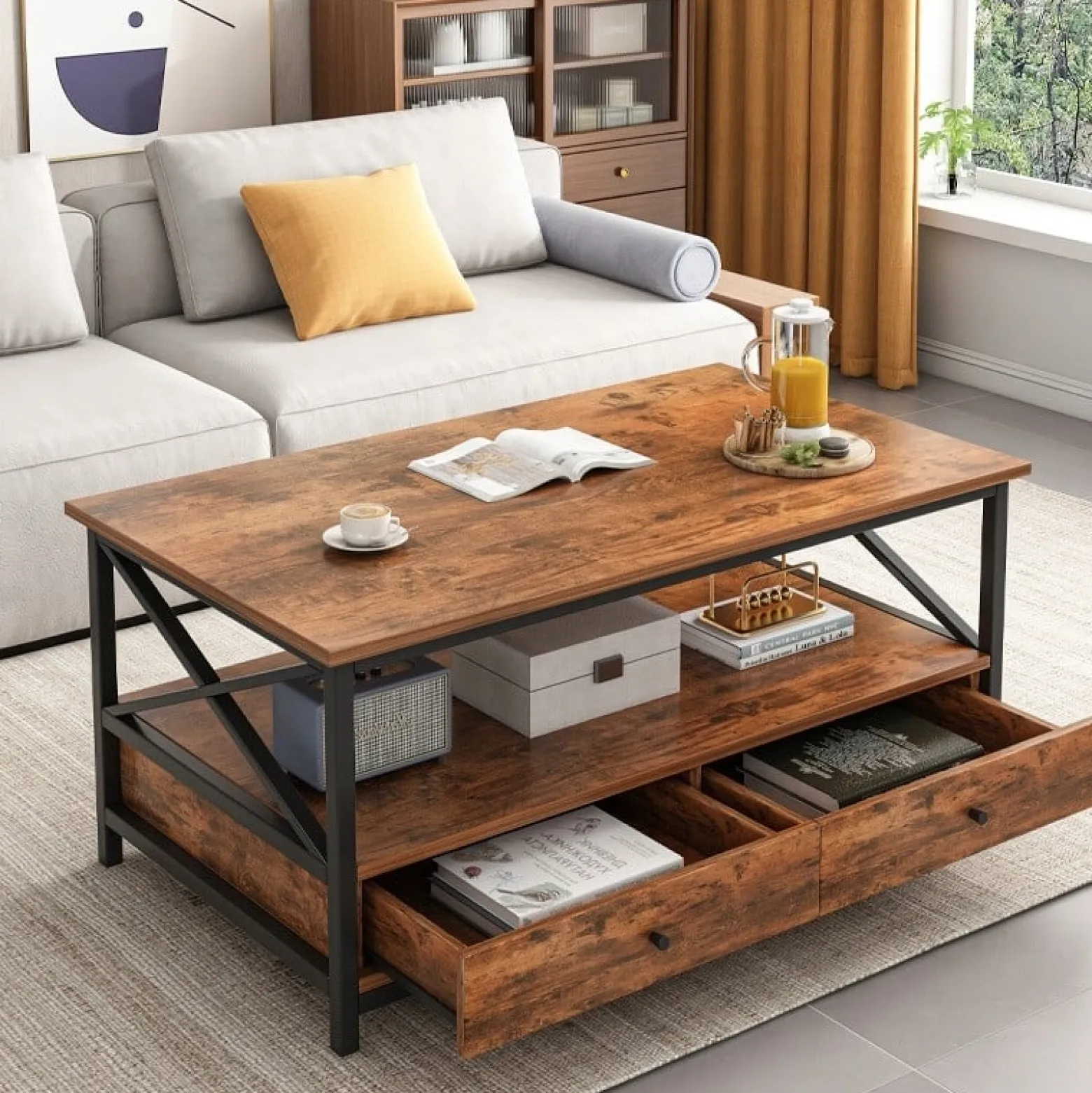 Ława industrialna stolik drewniany kawowy loft szuflady do salonu 100cm