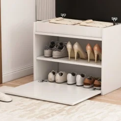 Biała szafka na buty ze schowkiem 2 półki otwierana