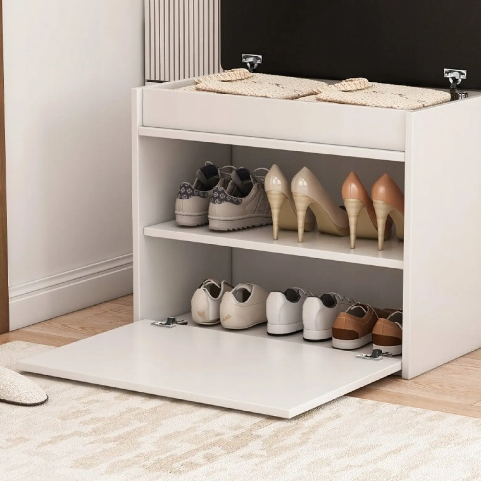 Biała szafka na buty ze schowkiem 2 półki otwierana