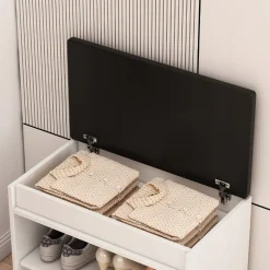 Biała szafka na buty ze schowkiem 2 półki otwierana