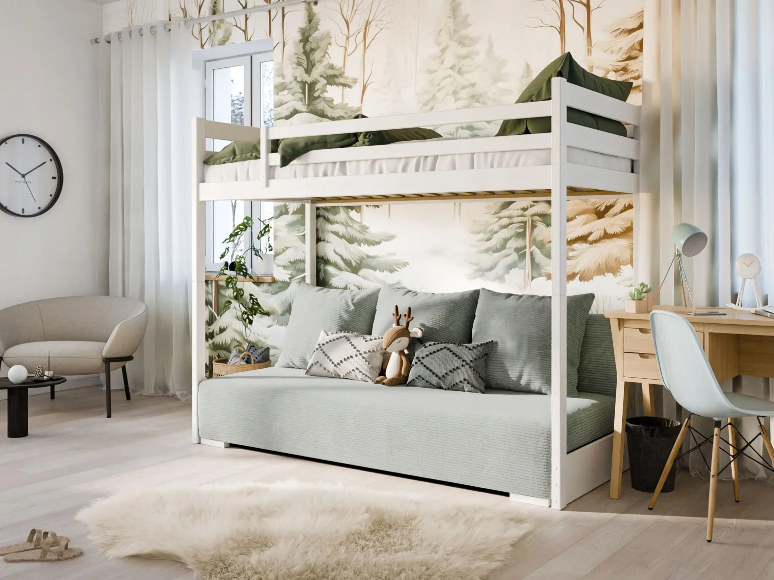 Białe łóżko antresola SOFINO 90x200/140x200 z rozkładaną szarą sofą