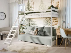 Białe łóżko antresola SOFINO 90x200/140x200 z rozkładaną szarą sofą