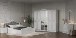 Białe łóżko z tapicerowanym zagłówkiem i sitodrukiem 180x200 cm