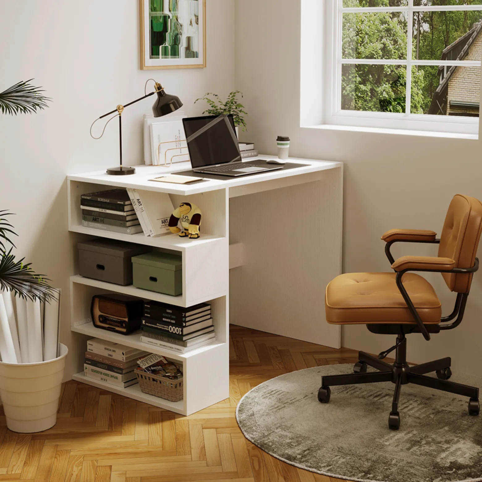 Biurko komputerowe biały nowoczesne z 4 półkami regałem loft
