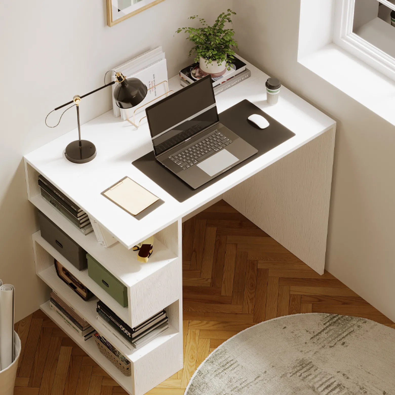 Biurko komputerowe biały nowoczesne z 4 półkami regałem loft
