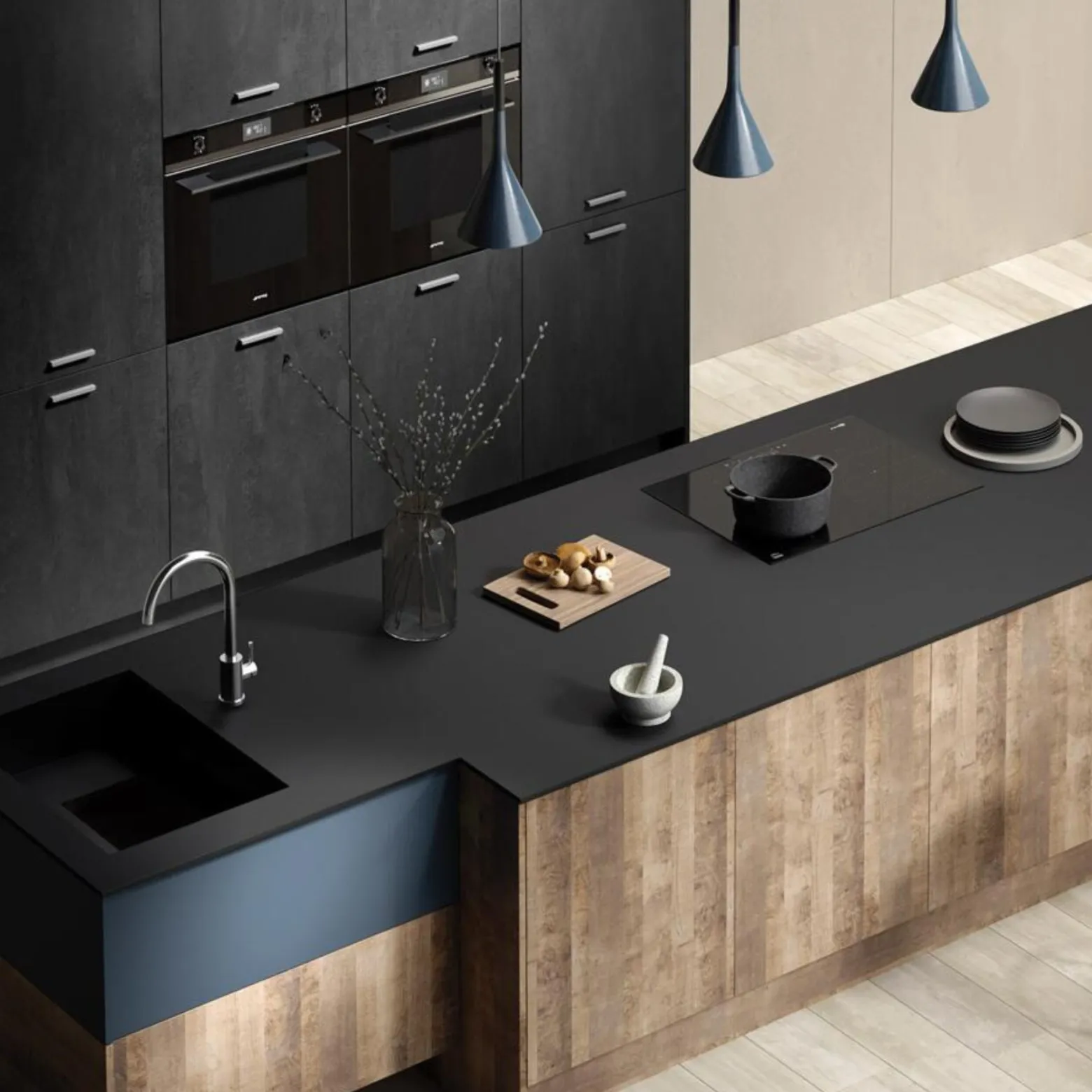 Blat łazienkowy HPL z otworami do szafki 50cm 50,5×47cm Black Mat 0190AF