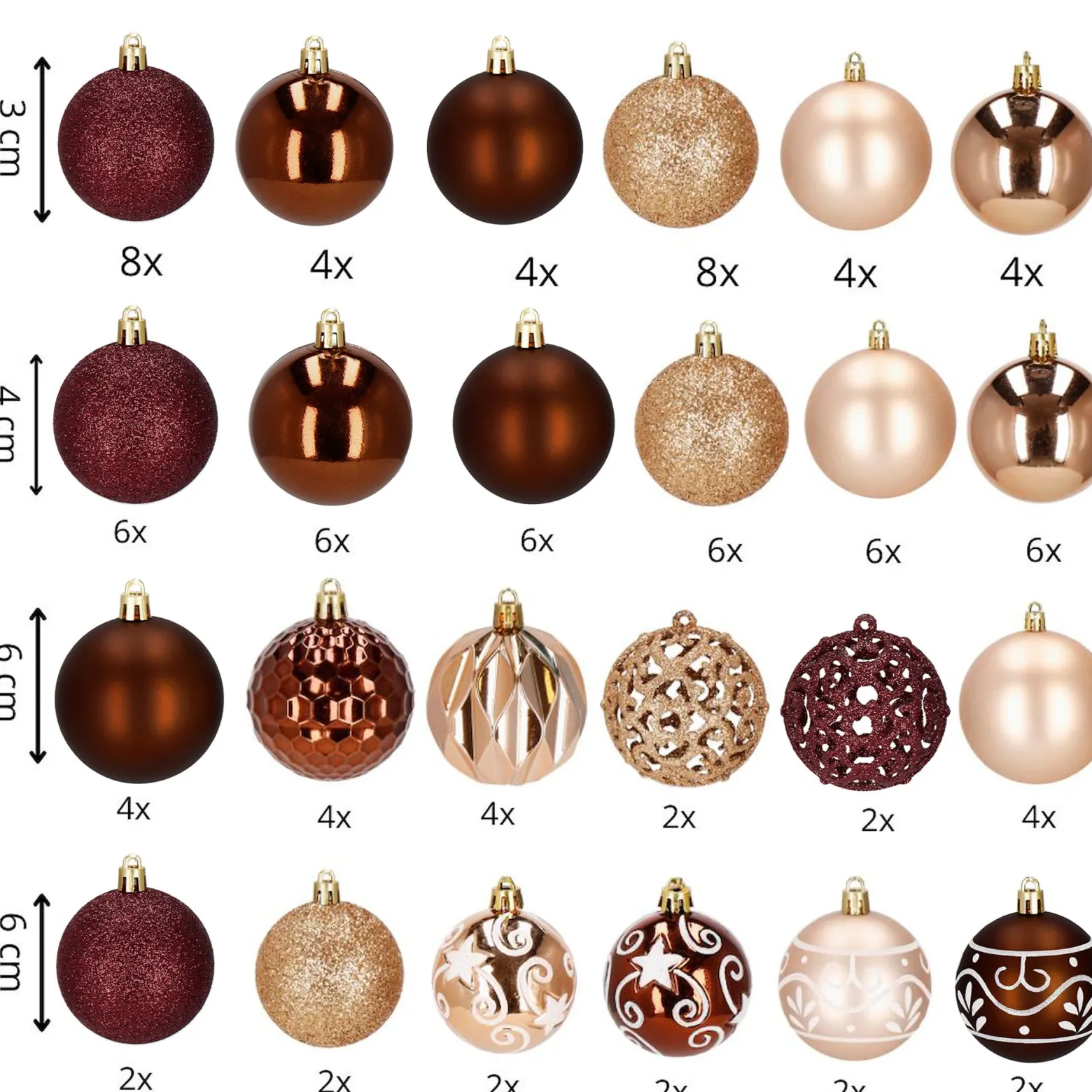 Bombki choinkowe 101 szt. zawieszki brązowe, rose gold