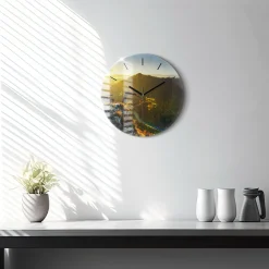 Cichy Zegar Dekoracyjny ścienny Zachód słońca nad górami