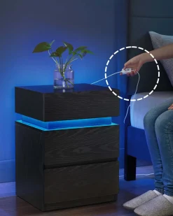 Czarny stolik nocny MDF z podświetleniem LED 25 kolorów pilot 3 szuflady
