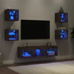 7-częściowy zestaw mebli TV z LED przydymiony dąb