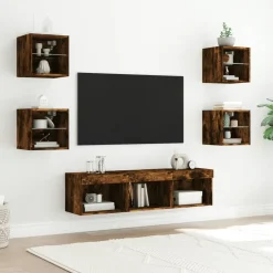 7-częściowy zestaw mebli TV z LED przydymiony dąb