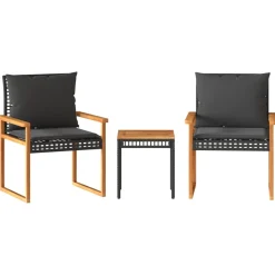 3-cz. zestaw mebli bistro, poduszki, czarny rattan PE i akacja