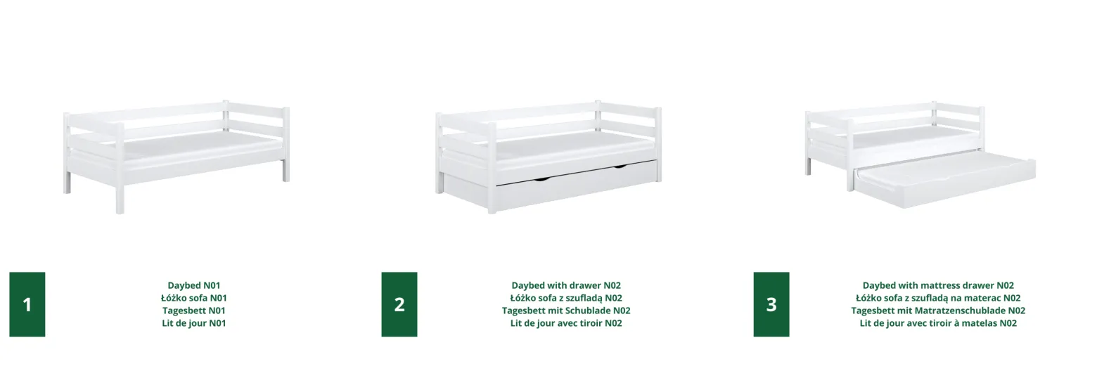 Drewniane łóżko sofa z szufladą na materac N01