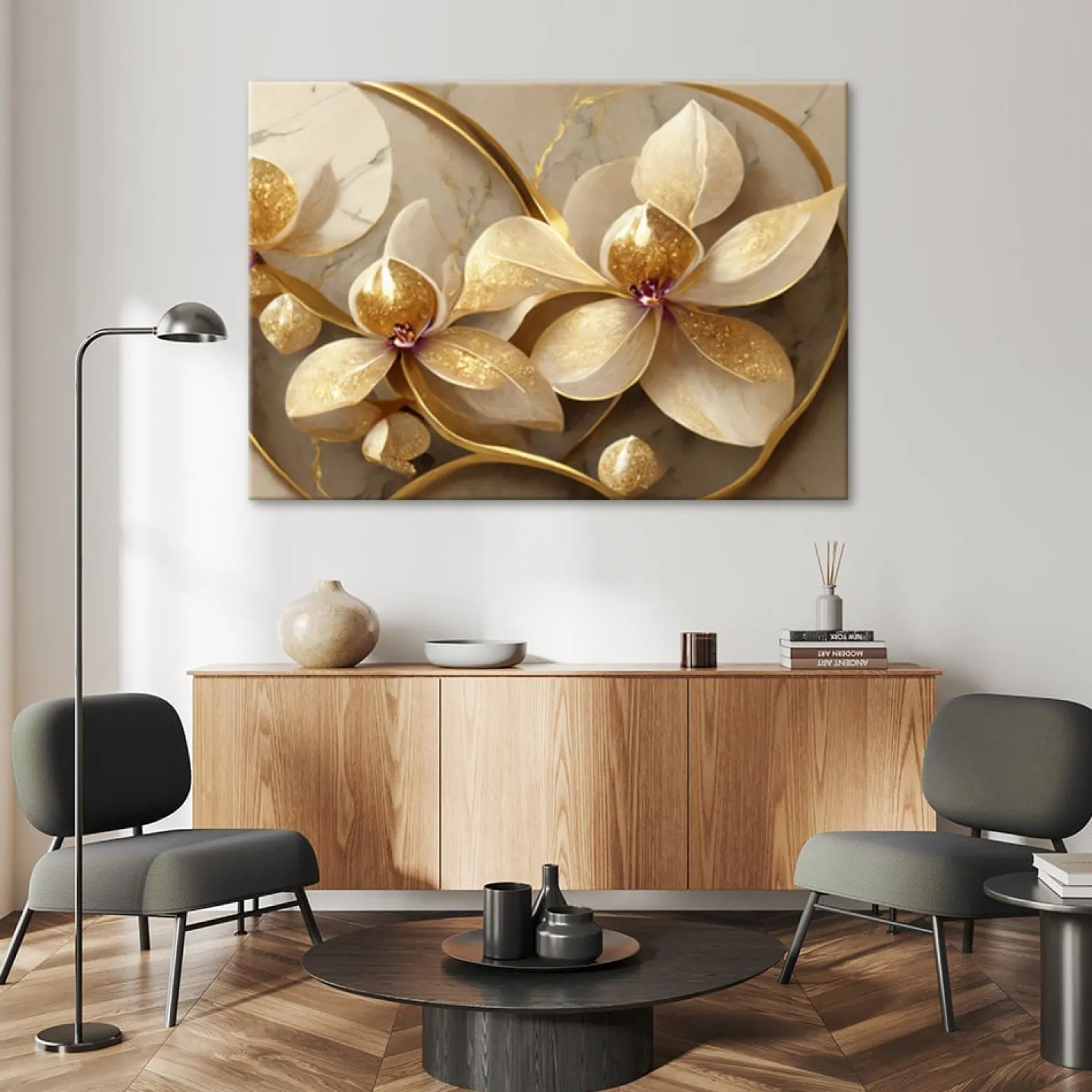 Feeby Obraz, Kwiaty glamour złoty 60x40