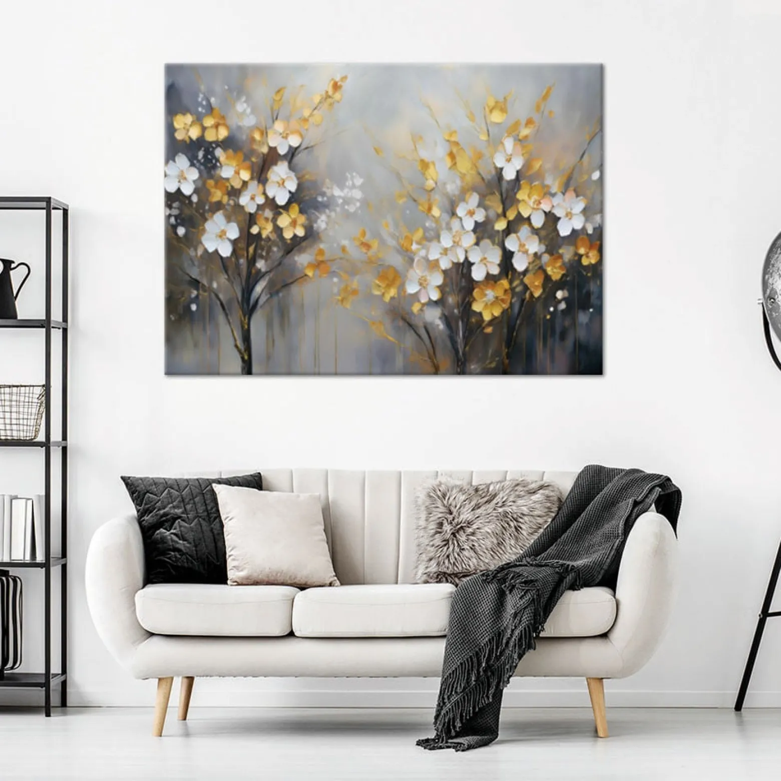 Feeby Obraz na płótnie, Abstrakcyjne Drzewo Kwiaty Złoty 60x40