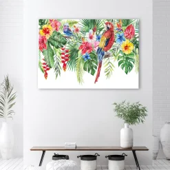 Feeby Obraz na płótnie Liście kwiaty papuga tropikalne 60x40
