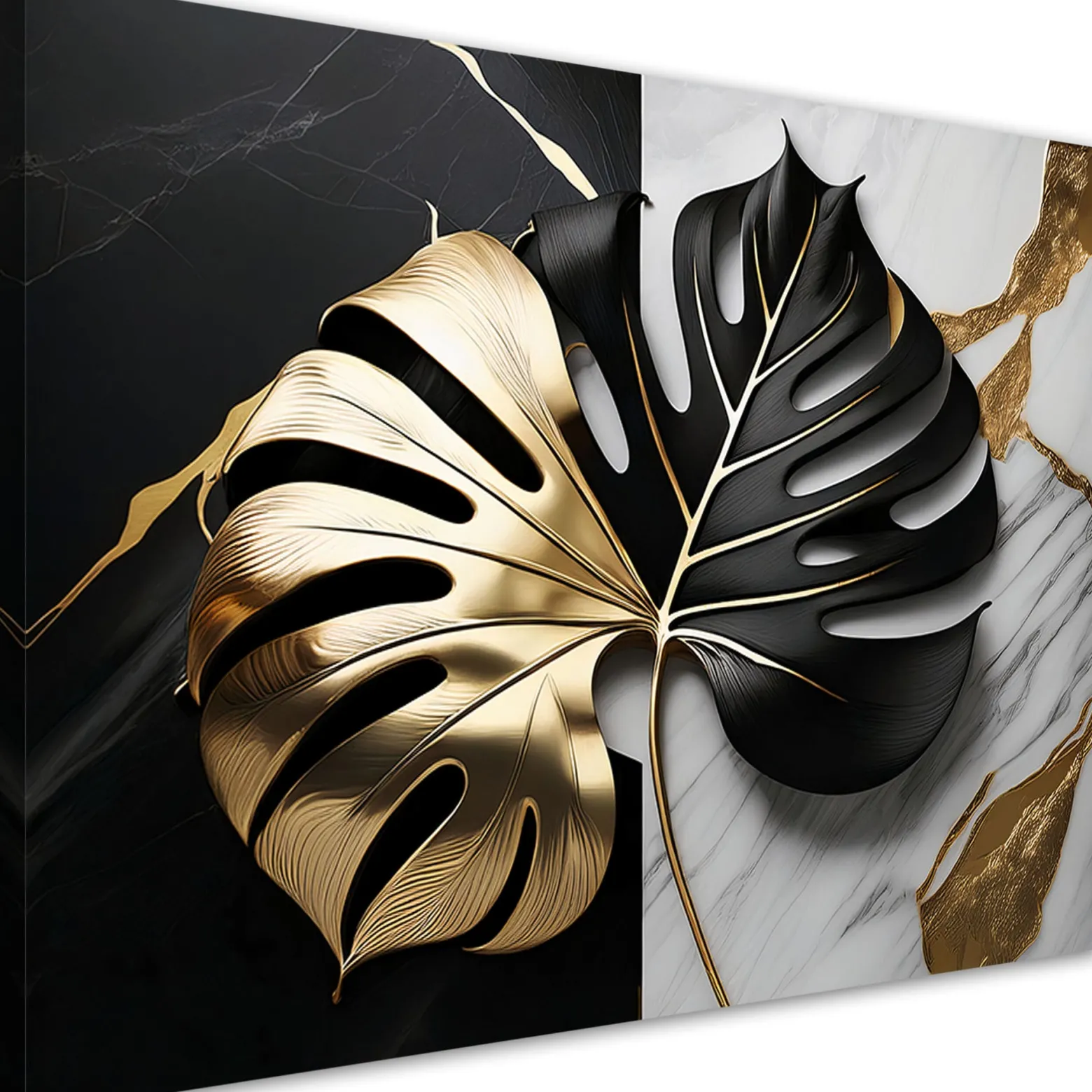 Feeby Obraz na płótnie, Monstera Złoto-Czarna Na Biało-Czarnym Tle 90x60