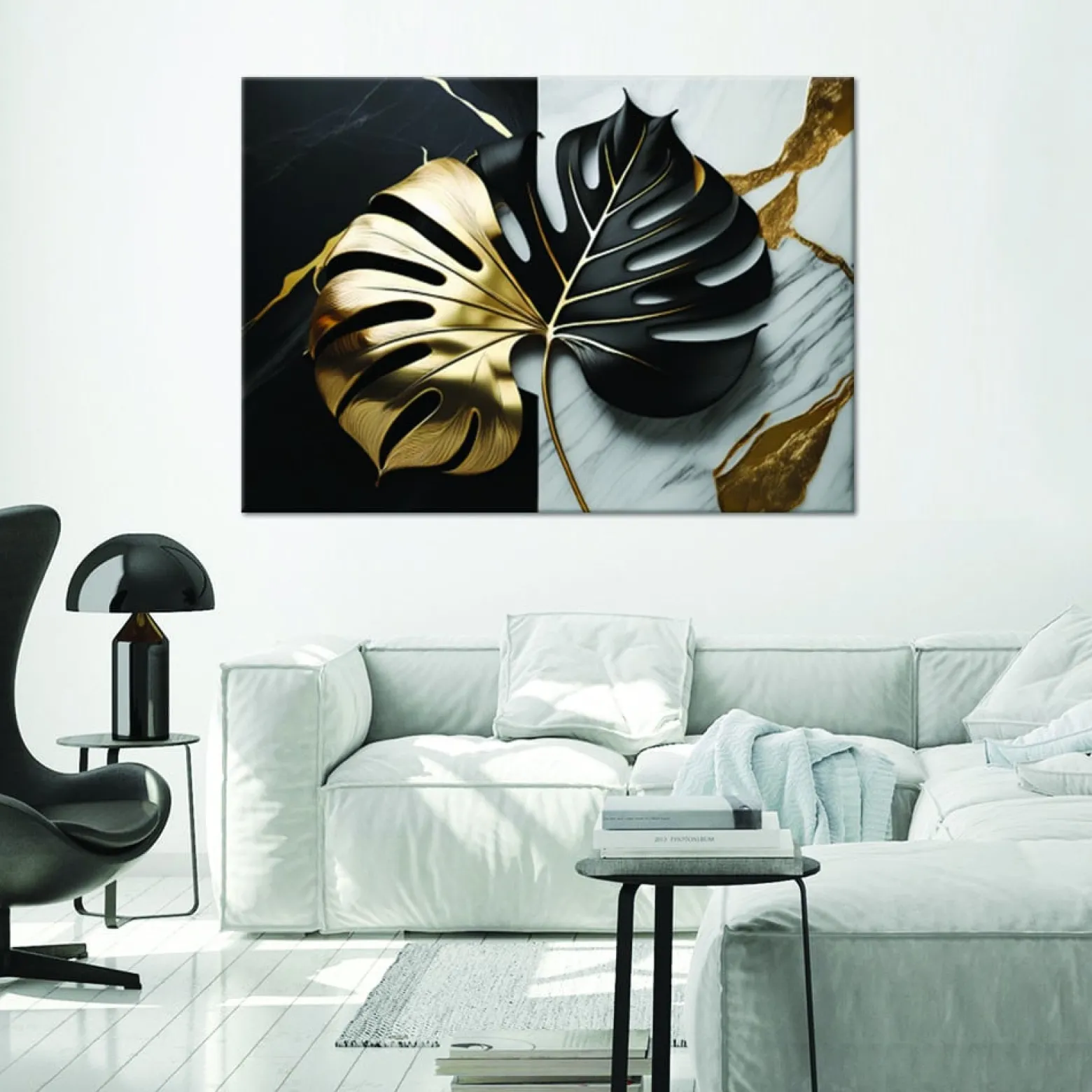 Feeby Obraz na płótnie, Monstera Złoto-Czarna Na Biało-Czarnym Tle 90x60