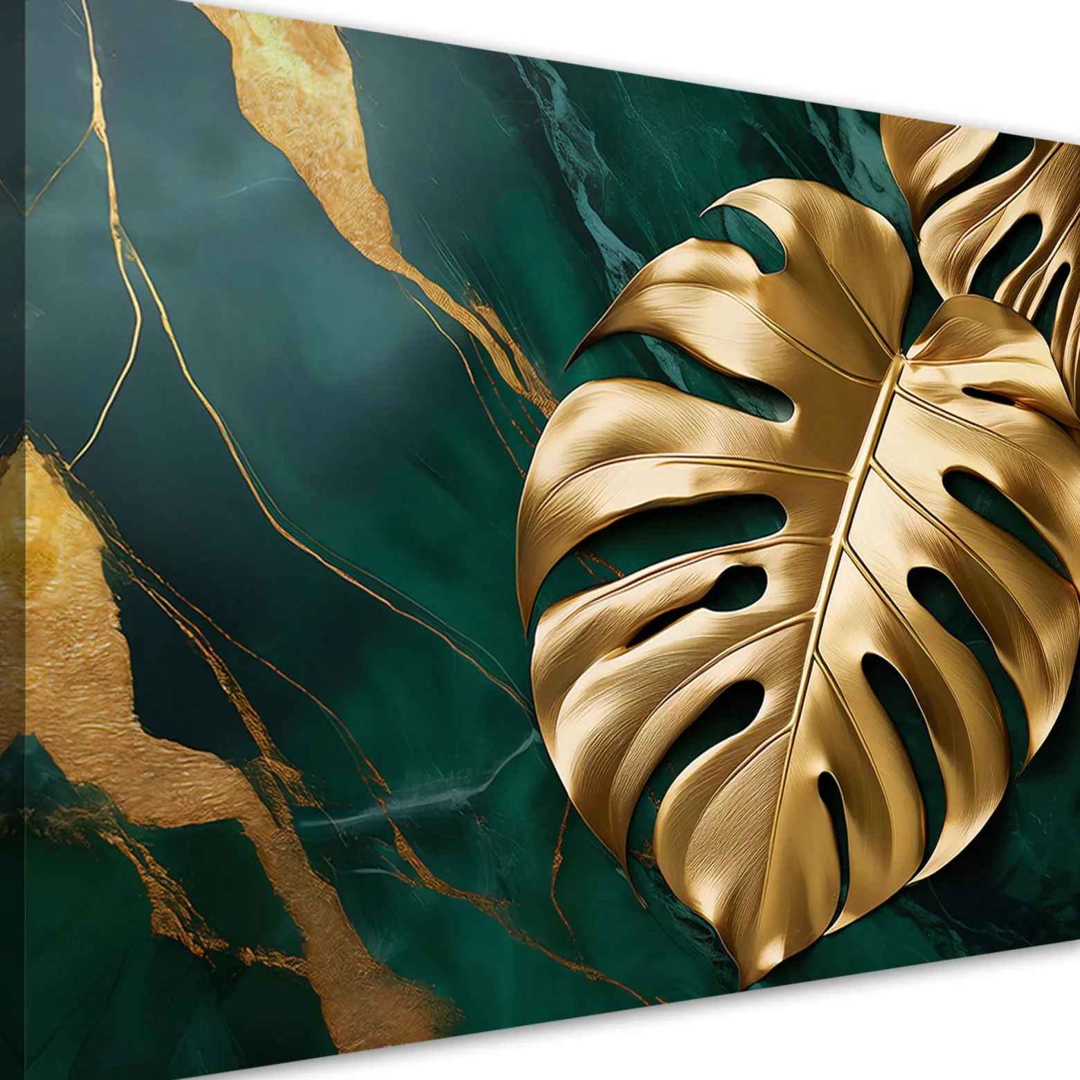 Feeby Obraz na płótnie, Monstera Złoty Liść Na Tle Zielonego Marmuru 90x60