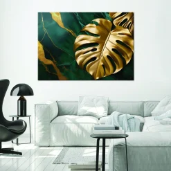 Feeby Obraz na płótnie, Monstera Złoty Liść Na Tle Zielonego Marmuru 90x60