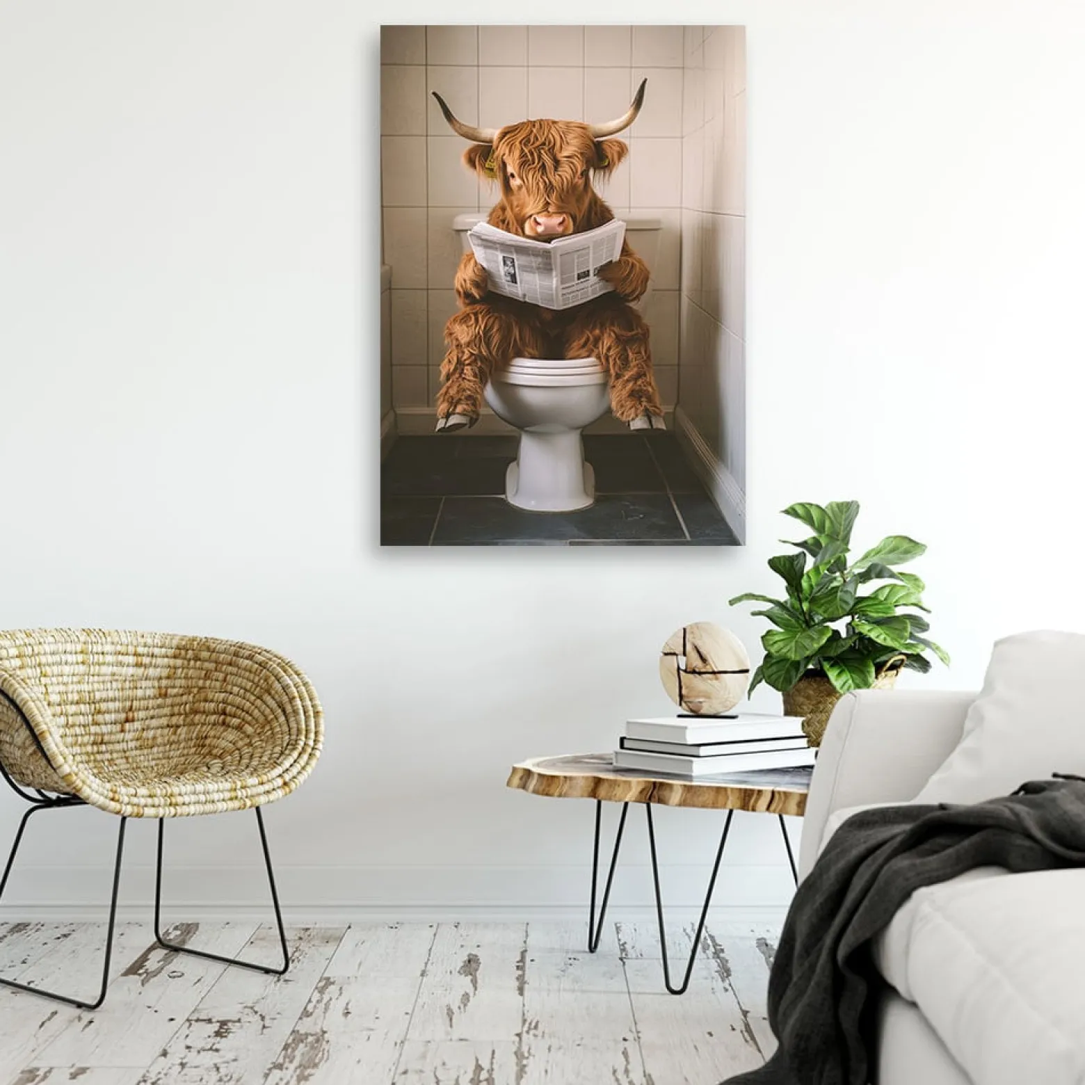 Feeby Obraz na płótnie, Szkocka Krowa z Gazetą w Toalecie 40x60