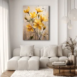 Feeby Obraz na płótnie, Żółte Kwiaty krople deszczu 40x60