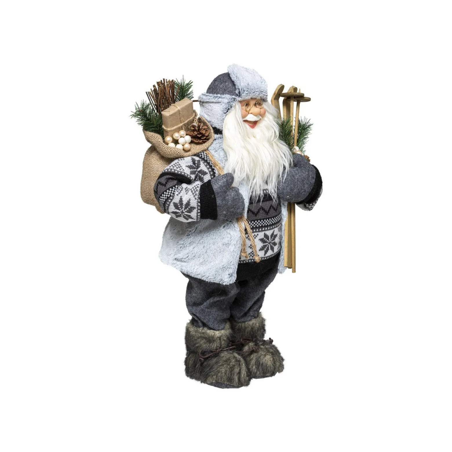 Figurka materiałowa Święty Mikołaj z nartami 45 cm