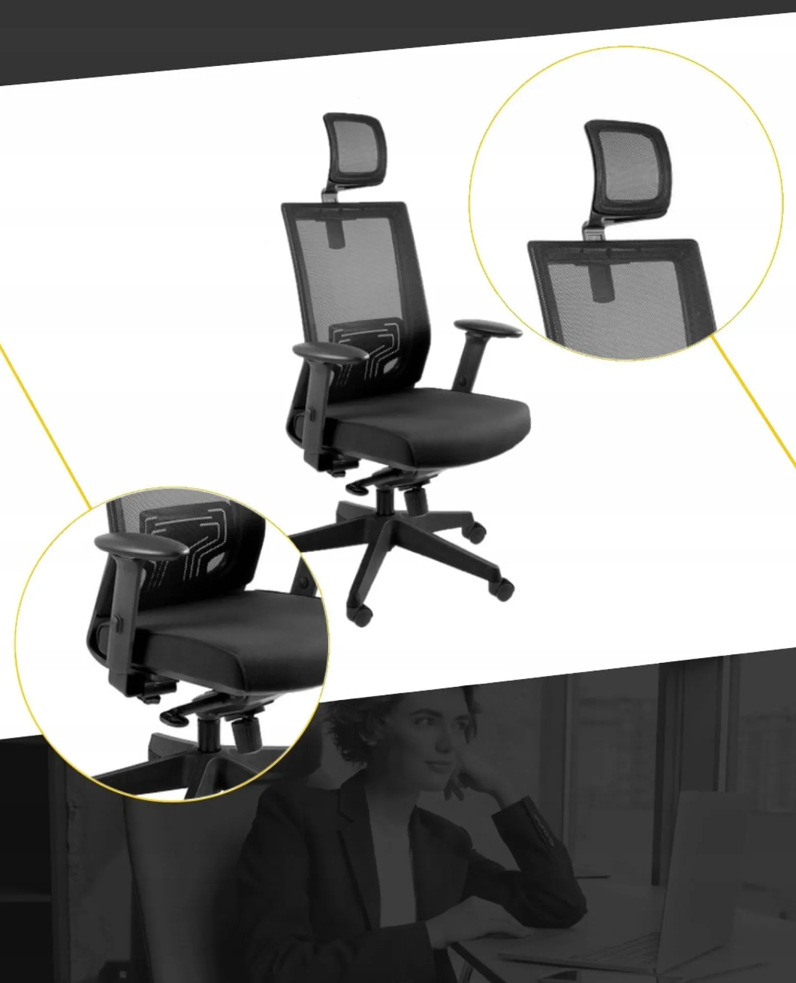 Fotel biurowy ergonomiczny NEZ czarny siatka/tkanina