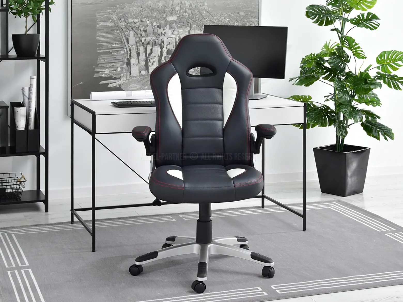 Fotel-Biurowy Racer-3-Redline Biały Skóra-Eko, Podstawa Szary