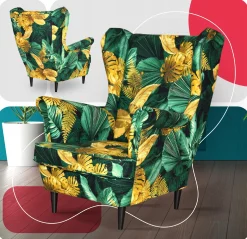 Fotel uszak skandynawski Family Meble Print liście zielony