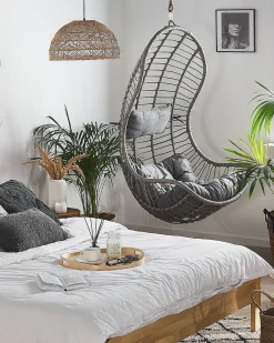 Fotel wiszący kosz bujany rattan szary