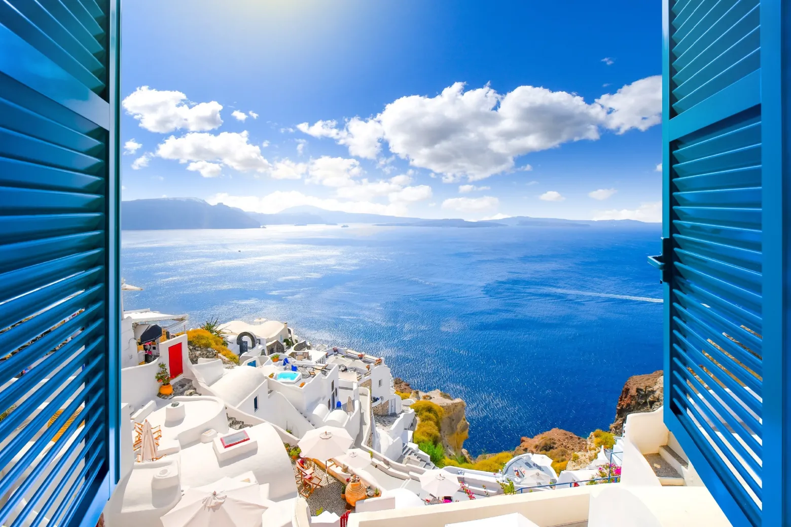 Fototapeta Do Salonu Widok z Okna Na Santorini 90x60cm