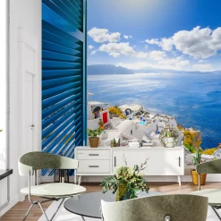 Fototapeta Do Salonu Widok z Okna Na Santorini 90x60cm