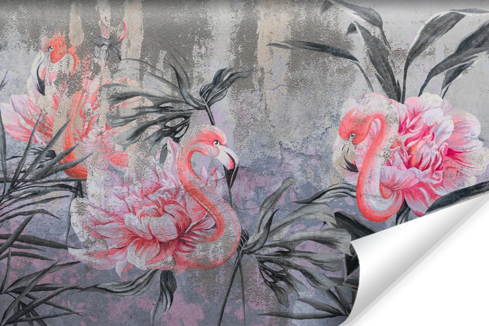 Fototapeta Flamingi Pośród Kwiatów Na Betonie 90x60cm