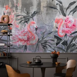 Fototapeta Flamingi Pośród Kwiatów Na Betonie 90x60cm