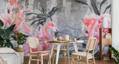 Fototapeta Flamingi Pośród Kwiatów Na Betonie 90x60cm