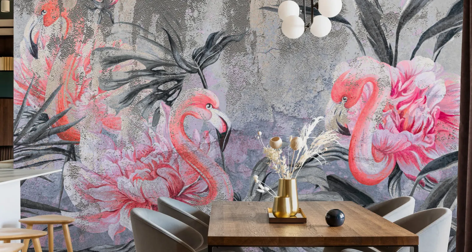 Fototapeta Flamingi Pośród Kwiatów Na Betonie 90x60cm