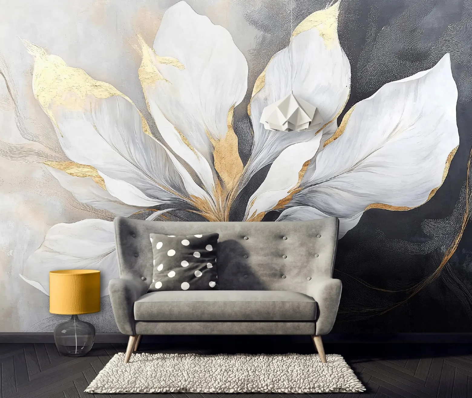 Fototapeta Liście Beton Złoty Loft Sypialnia Salon Tapeta Flizelina 250X175