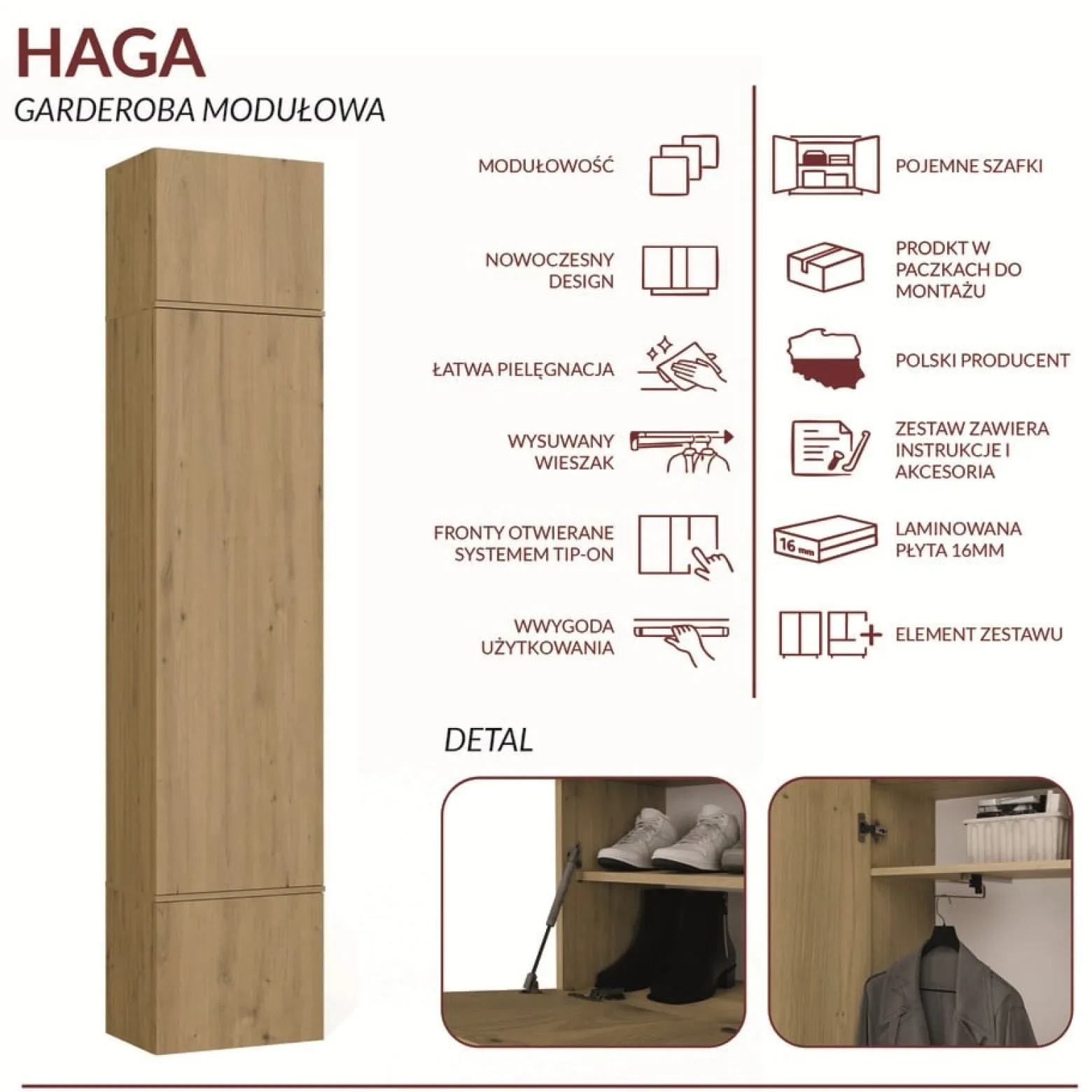 Garderoba Szafa HAGA 1SZ DĄB ARTISAN