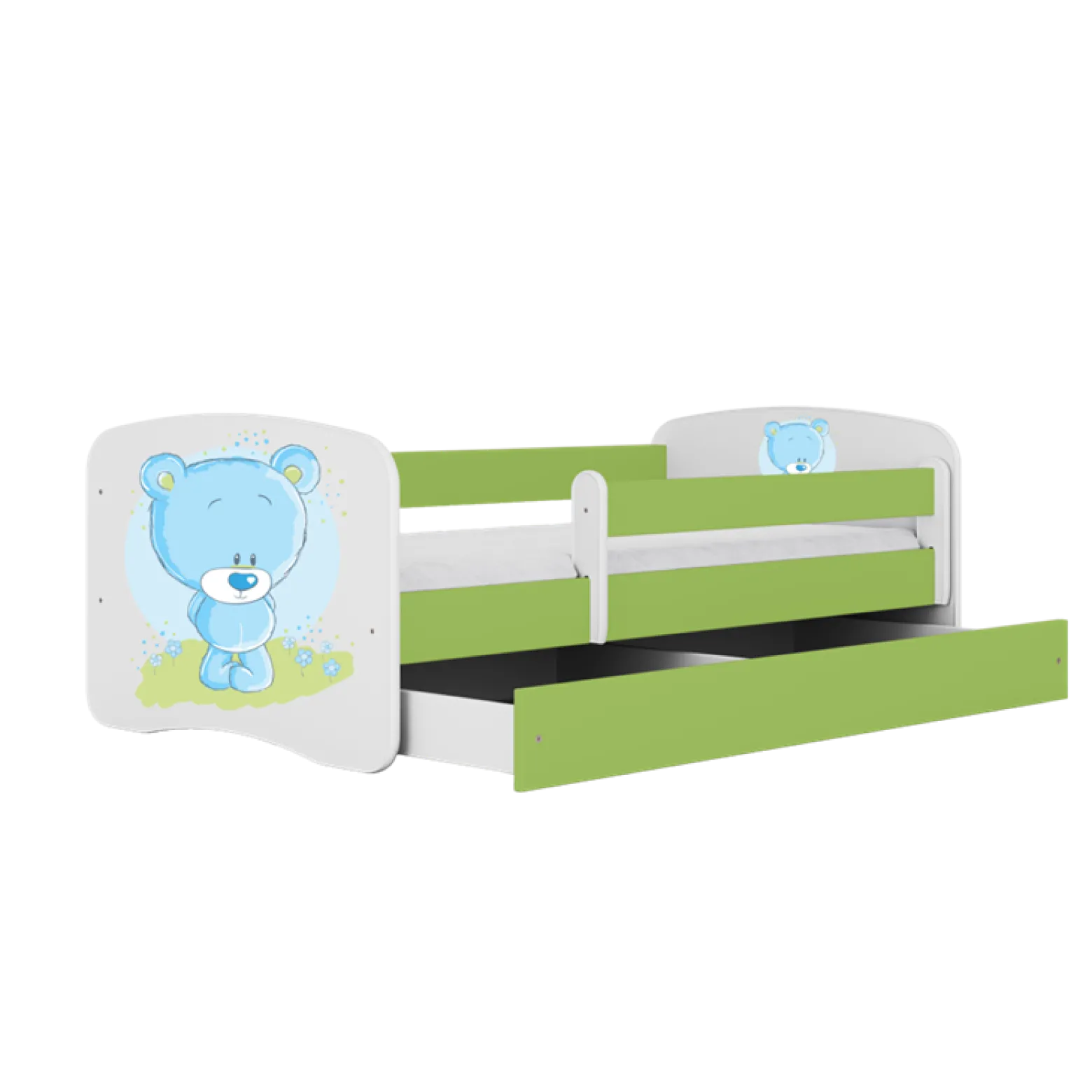 Łóżko Babydreams zielone Niebieski miś z szufladą materac piankowy 160x80