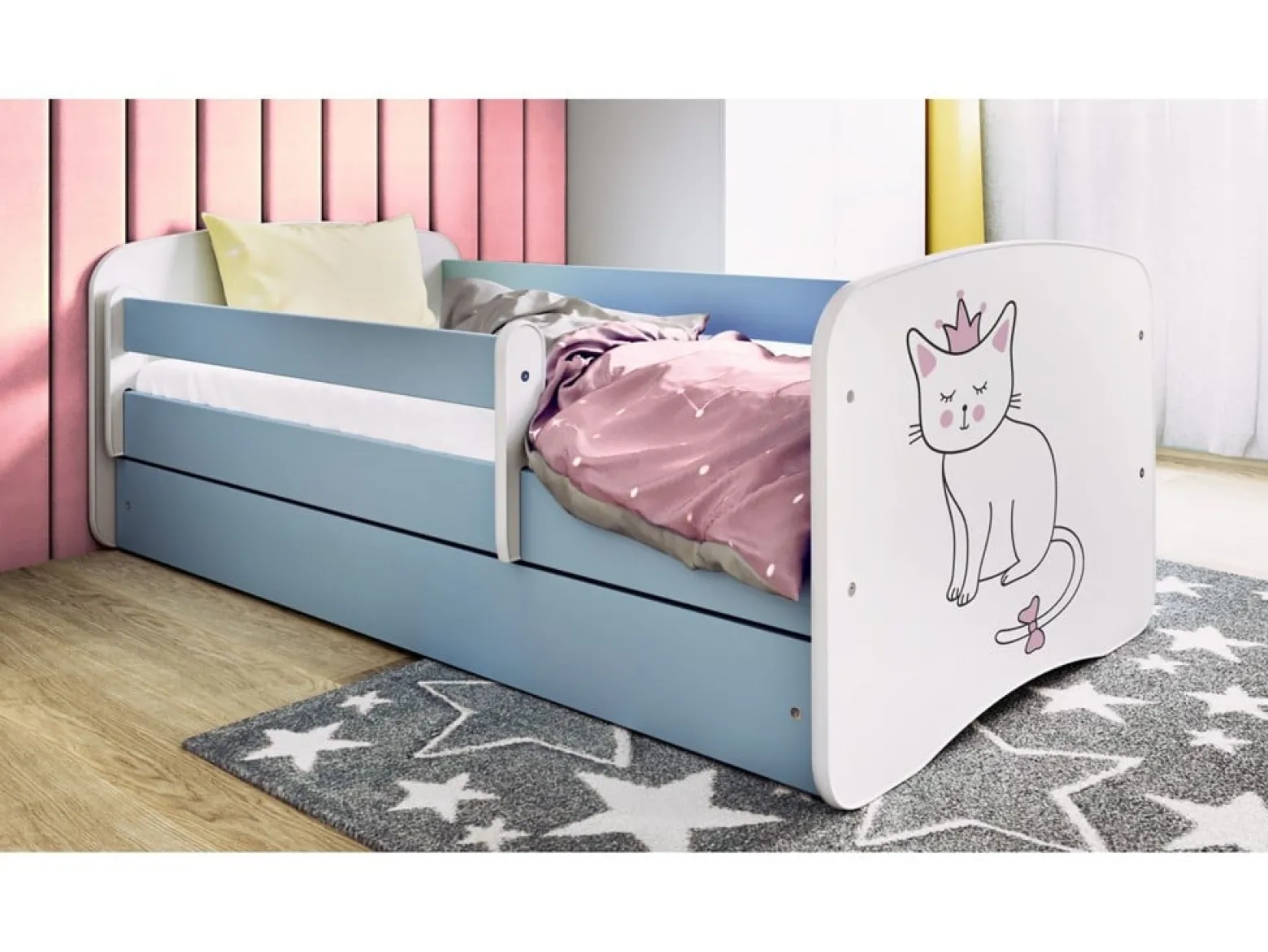 Łóżko Babydreams niebieskie Kot z szufladą materac piankowy 140x70