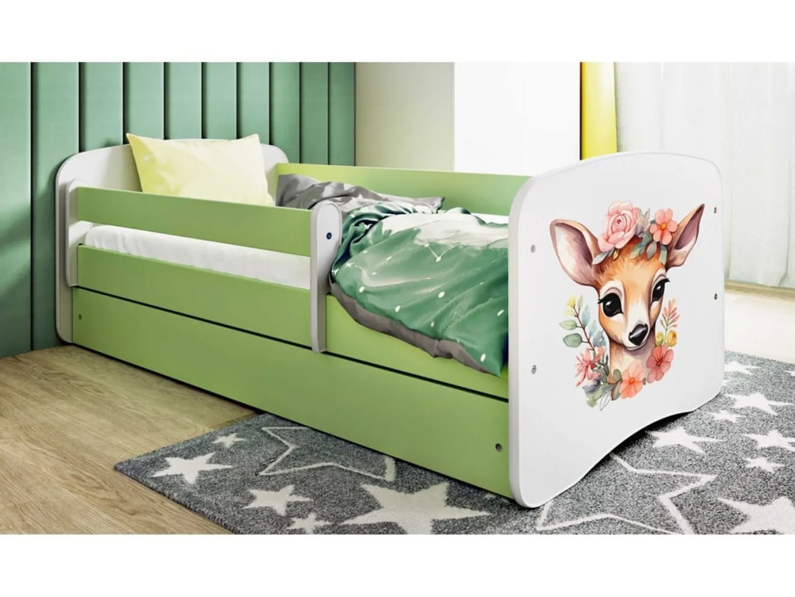 Łóżko Babydreams zielone Bambi z szufladą materac piankowy 160x80