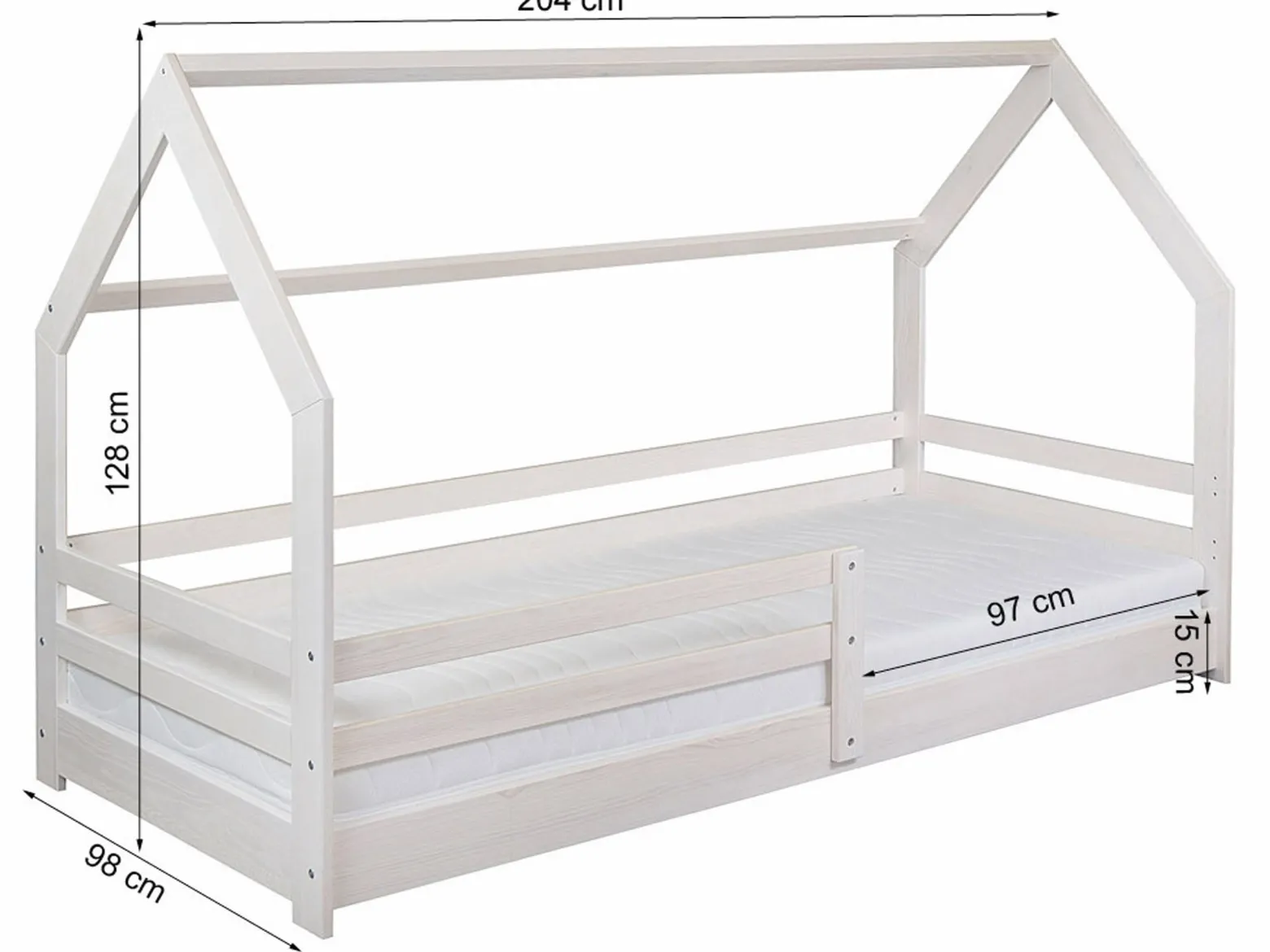 Łóżko domek 90x200 drewniane TEO, kolor bielony + stelaż