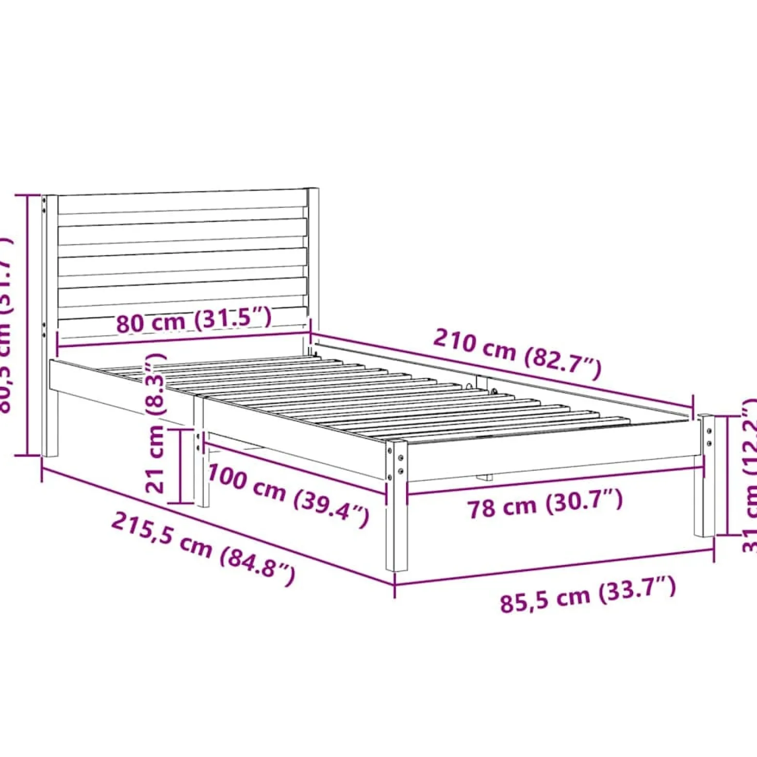 Łóżko Drewniane Brązowe Rama Łóżka Ze Stelażem Sypialnia Pokój 80 x 210 cm