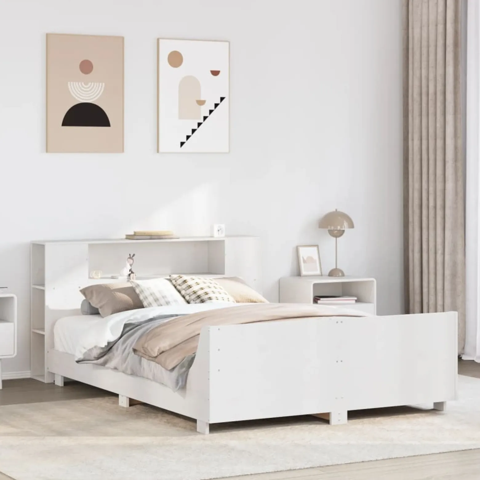 Łóżko Drewniane z Regałem Rama Łóżka Ze Stelażem Biała 160x200 cm