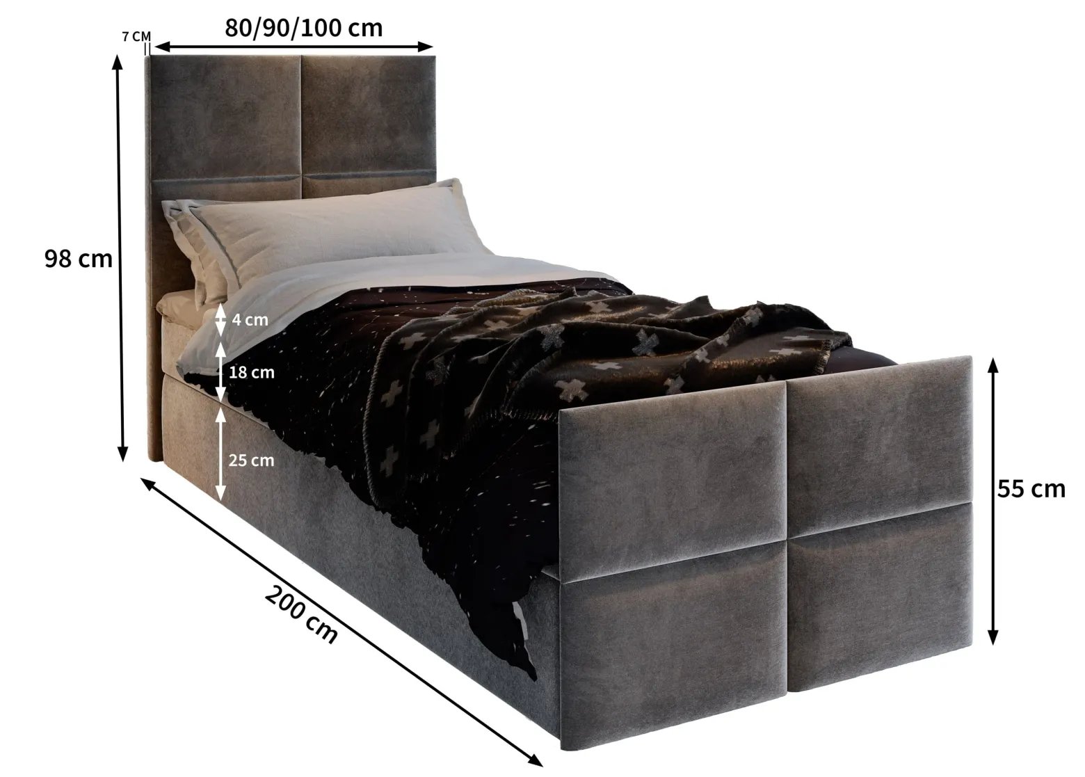 Łóżko kontynentalne ARIEL 100 z topperem 100x200 cm
