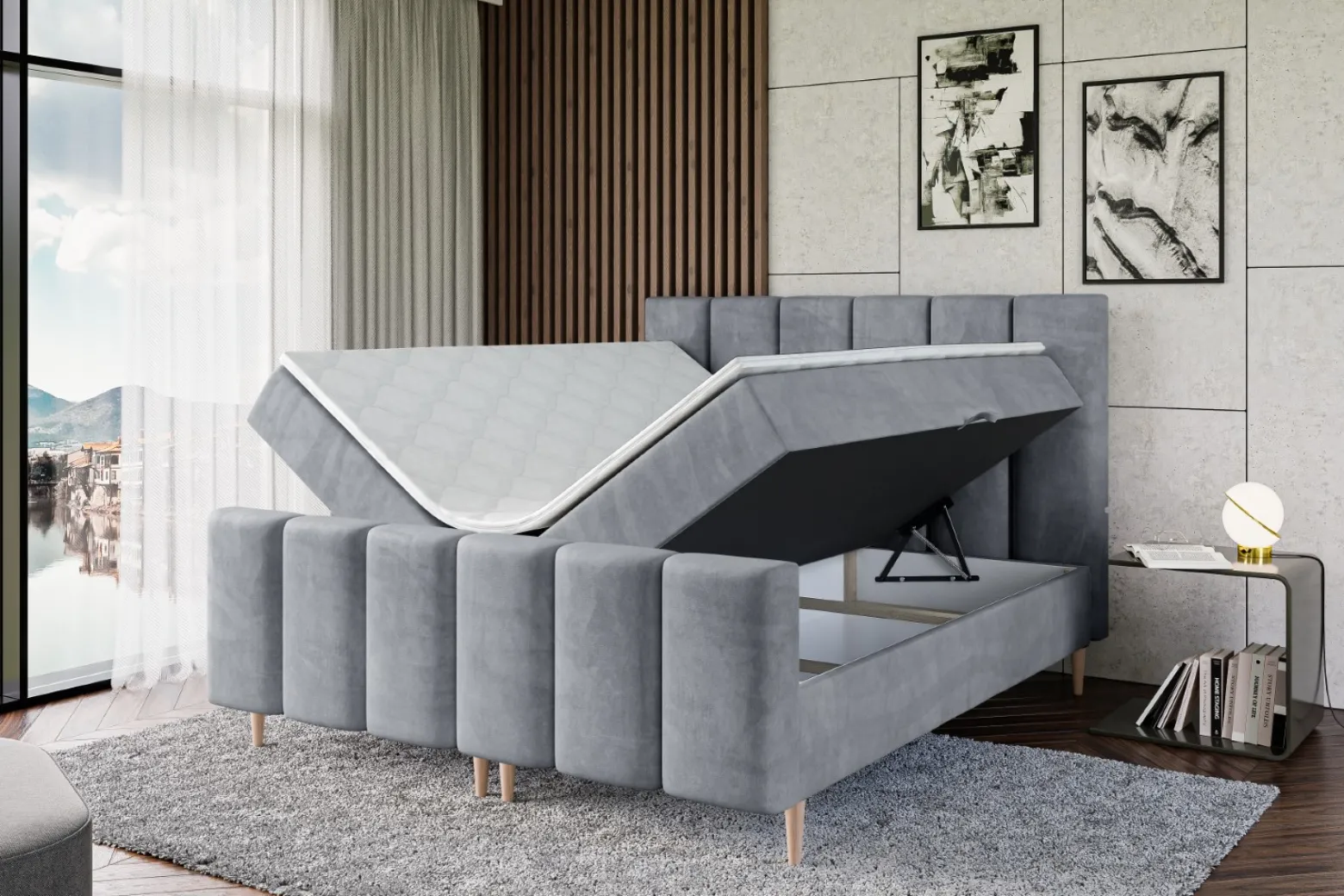 Łóżko kontynentalne - pojemnik, materac, nóżki BOXI1-FD-Z 120x200 cm