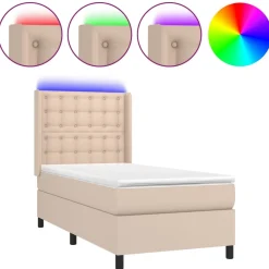 Łóżko Kontynentalne Tapicerowane z Materacem Cappuccino LED 90x200