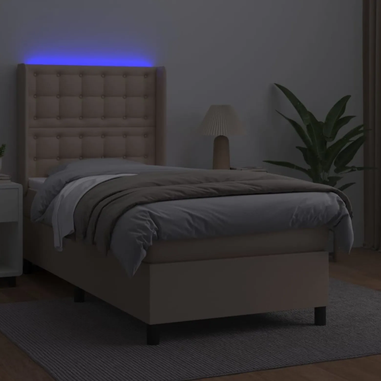 Łóżko Kontynentalne Tapicerowane z Materacem Cappuccino LED 90x200